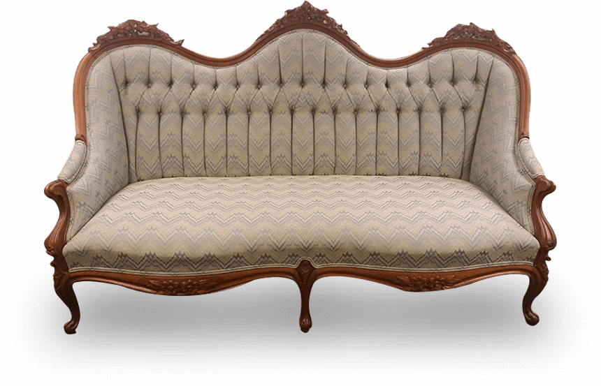 A couch with a wooden frame and white fabric.